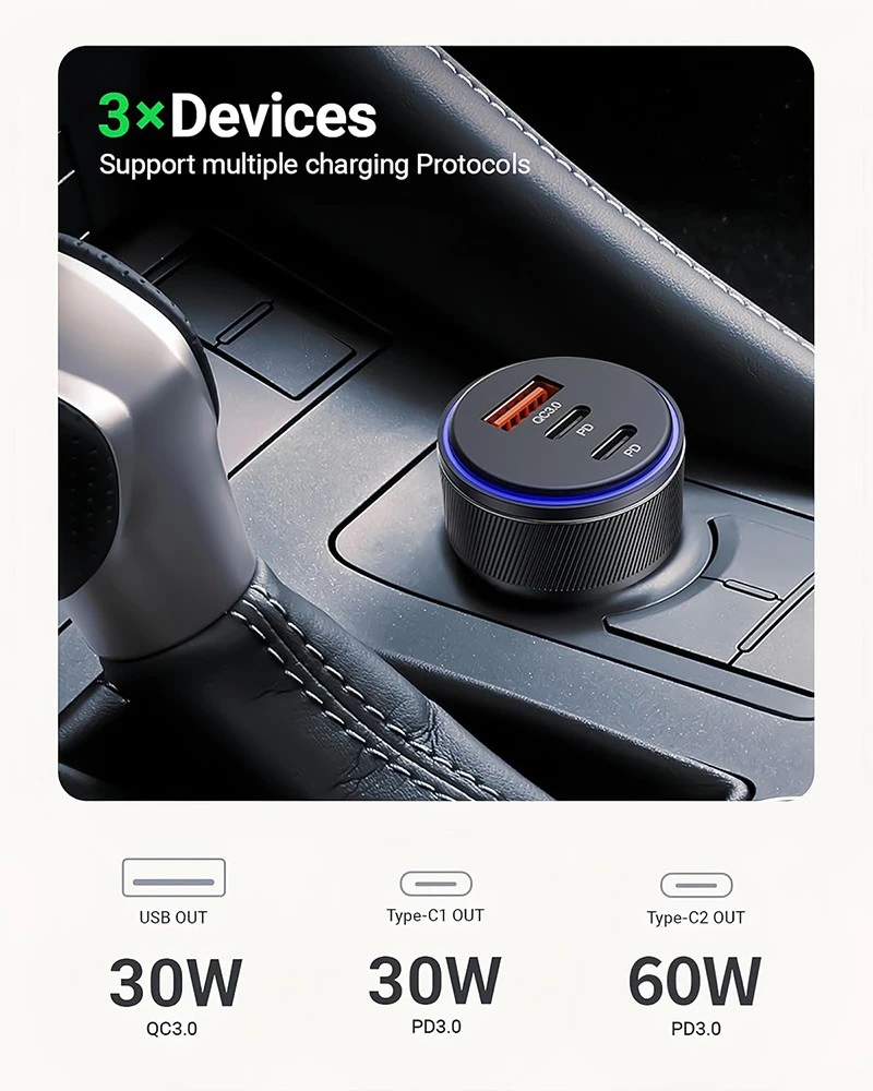 90W DC car adapter with 3 ports